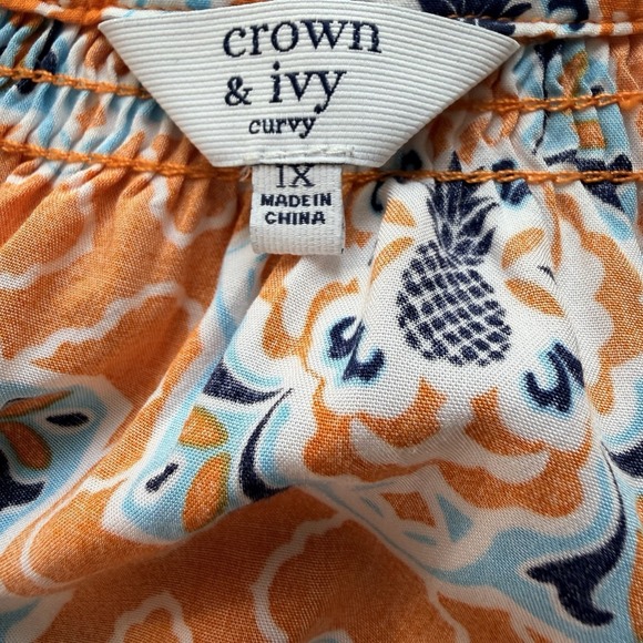 Crown & Ivy Womens SZ 1X Long Sleeve Orange Blue Pineapple Patterned Top Blouse - Picture 6 of 7